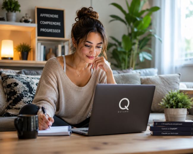 Apprenante suivant la formation IA en ligne Quiora